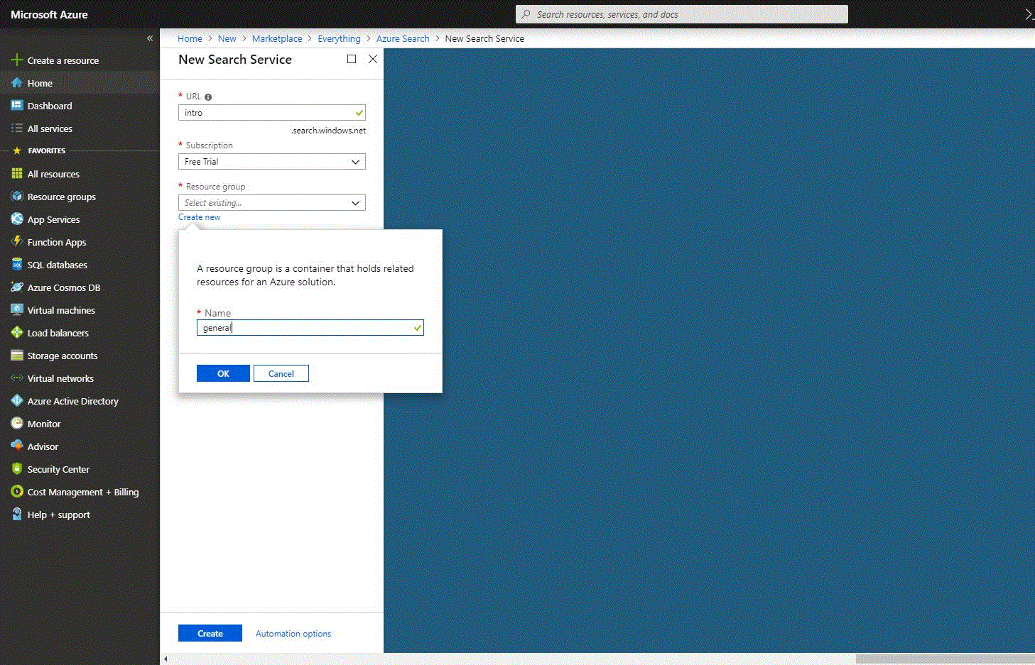 Azure search: creating new search service, setting pricing tier
