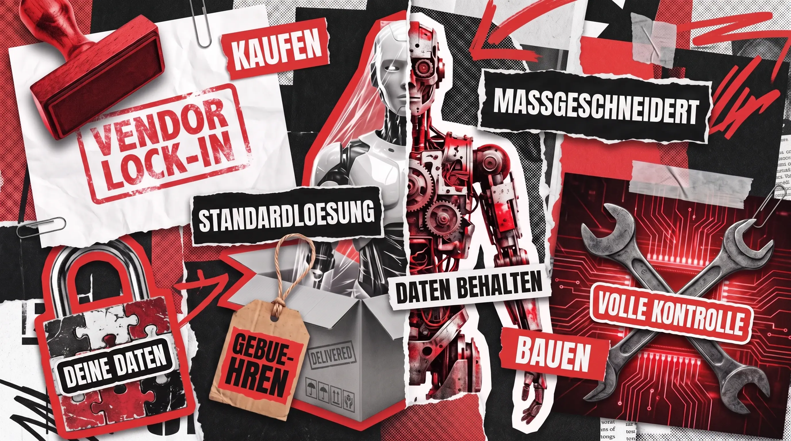 Zerrissene Collage in Rot und Schwarz: ein humanoider Roboter, mittig geteilt, auf der einen Seite glatte weiße Hülle, auf der anderen offen liegende rote Mechanik, dazwischen ein Stempel über Anbieterbindung, ein Vorhängeschloss aus Puzzleteilen, ein geliefertes Paket mit Preisschild für monatliche Gebühren und zwei gekreuzte Schraubenschlüssel auf einer Platine.
