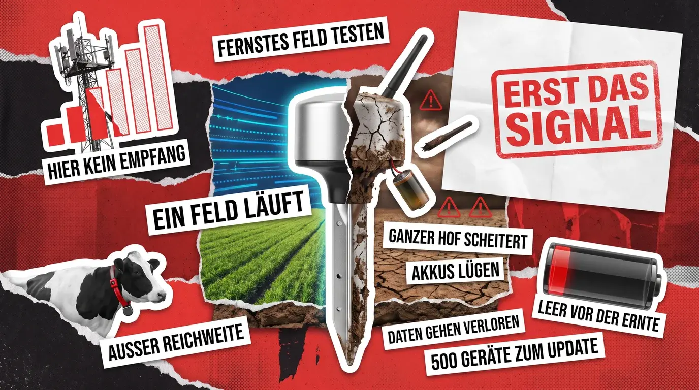Papierriss-Collage zu Farm-IoT: Eine Bodensonde trennt ein grünes Feld von rissigem, trockenem Boden, umgeben von einem Mobilfunkmast ohne Empfang, einer Kuh mit Ortungshalsband, einer leeren Batterie und einem Stempel mit der Aufschrift 'Erst das Signal'.