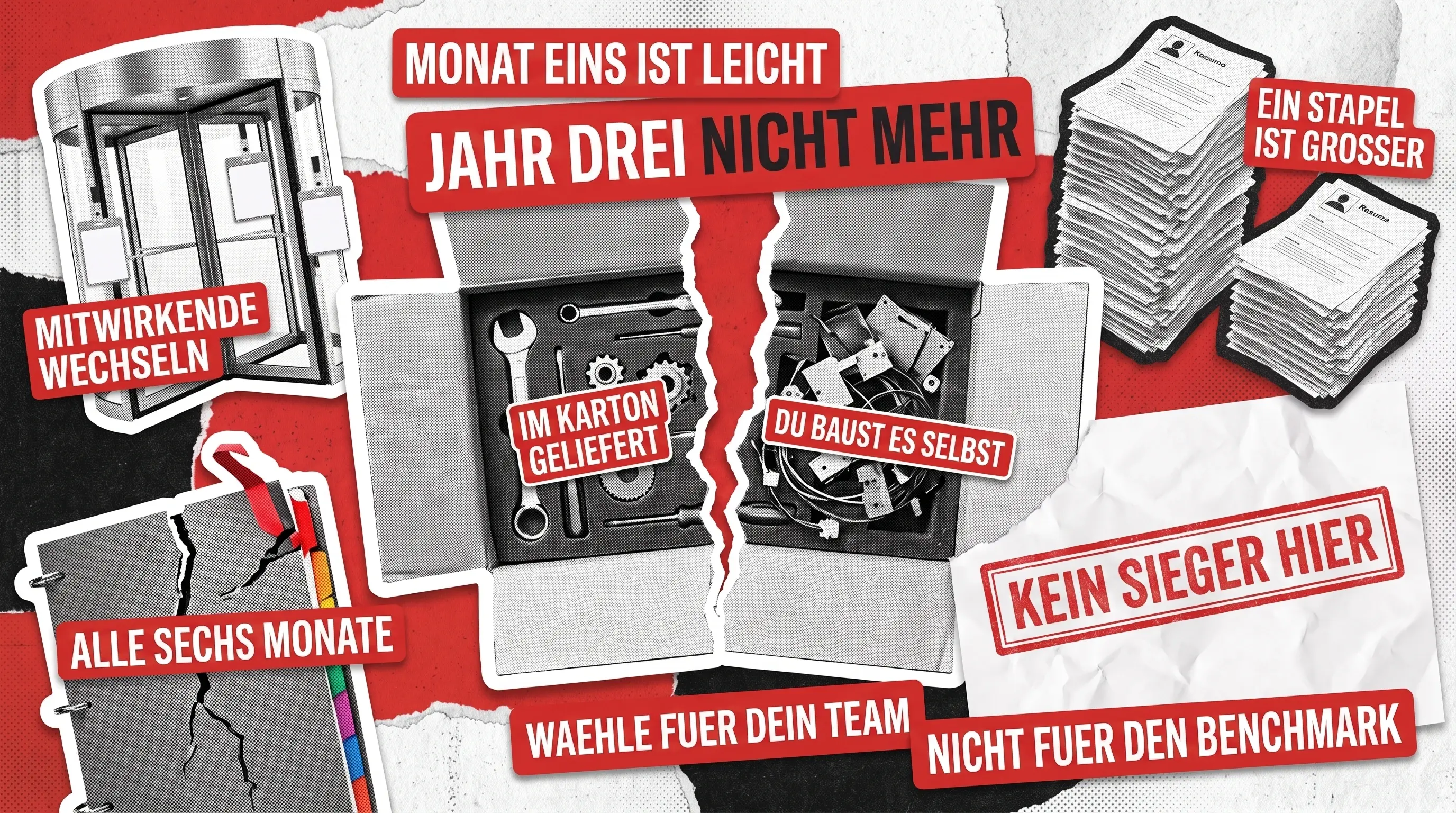 Zerrissene Collage in Rot und Schwarz: zwei offene Kartons nebeneinander, einer mit säuberlich sortiertem Werkzeug, der andere mit losen Teilen und Kabeln, dazu eine Drehtür, ein gerissener Ringordner und zwei ungleich hohe Stapel Bewerbungen sowie ein Stempel, dass es hier keinen Sieger gibt.