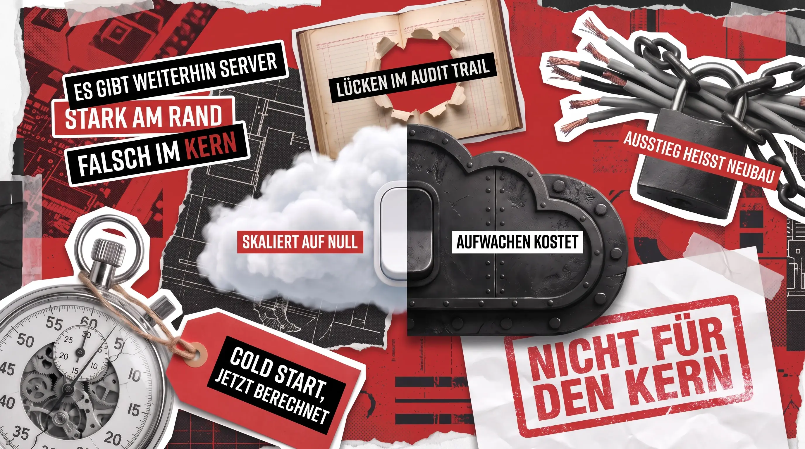 In der Mitte geteilte Collage in Rot und Schwarz: auf der einen Seite eine Cloud, die auf null skaliert, auf der anderen ein gepanzerter Cloud-Tresor, der das Aufwachen berechnet, dazu ein durchlöchertes Auditbuch, ein verkettetes Vorhängeschloss und eine Stoppuhr mit Cold-Start-Etikett.