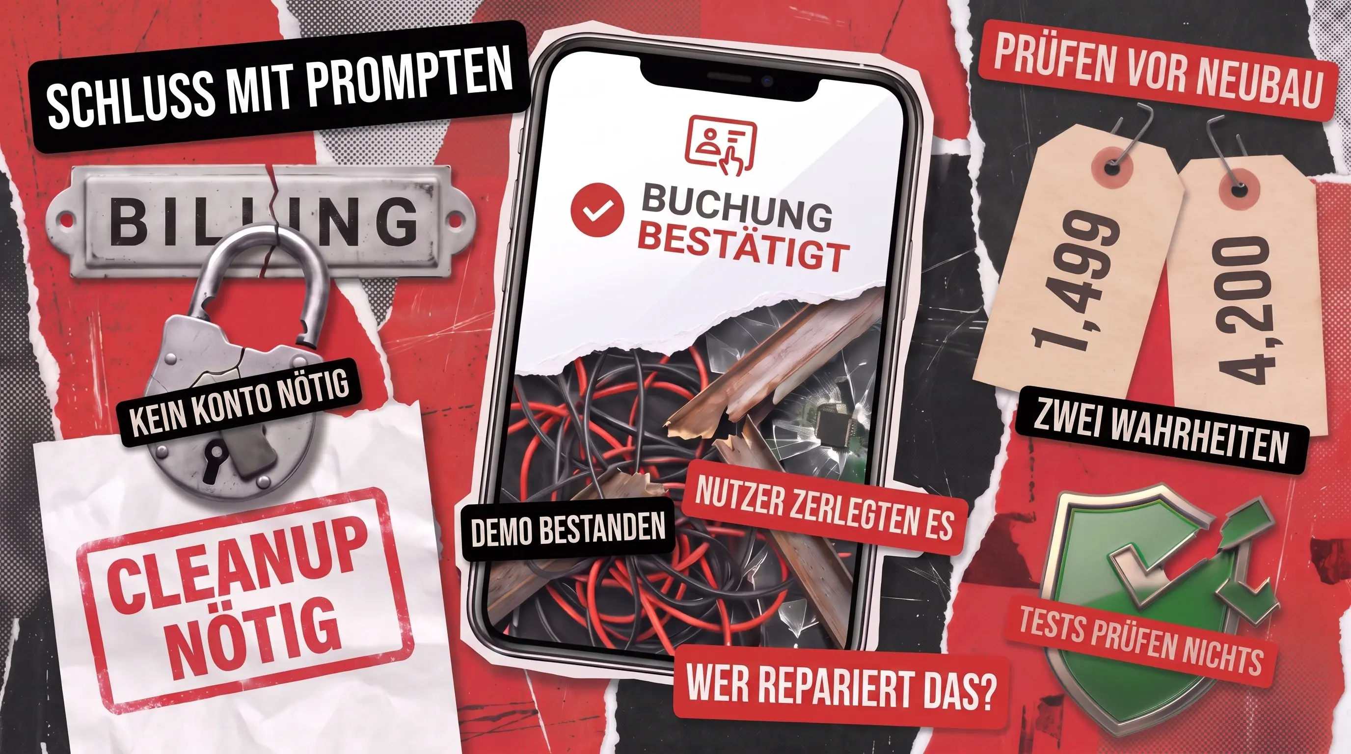 Zerrissene Collage in Rot und Schwarz: ein quer durchgerissenes Handydisplay, oben ein Häkchen für eine bestätigte Buchung, unten verhedderte Kabel, gesplittertes Holz und Glasscherben, daneben ein gesprungenes Abrechnungsschild, ein aufgebrochenes Vorhängeschloss, ein Stempel über nötige Aufräumarbeiten, zwei Papieranhänger mit unterschiedlichen Zahlen und ein gesprungener Schild.