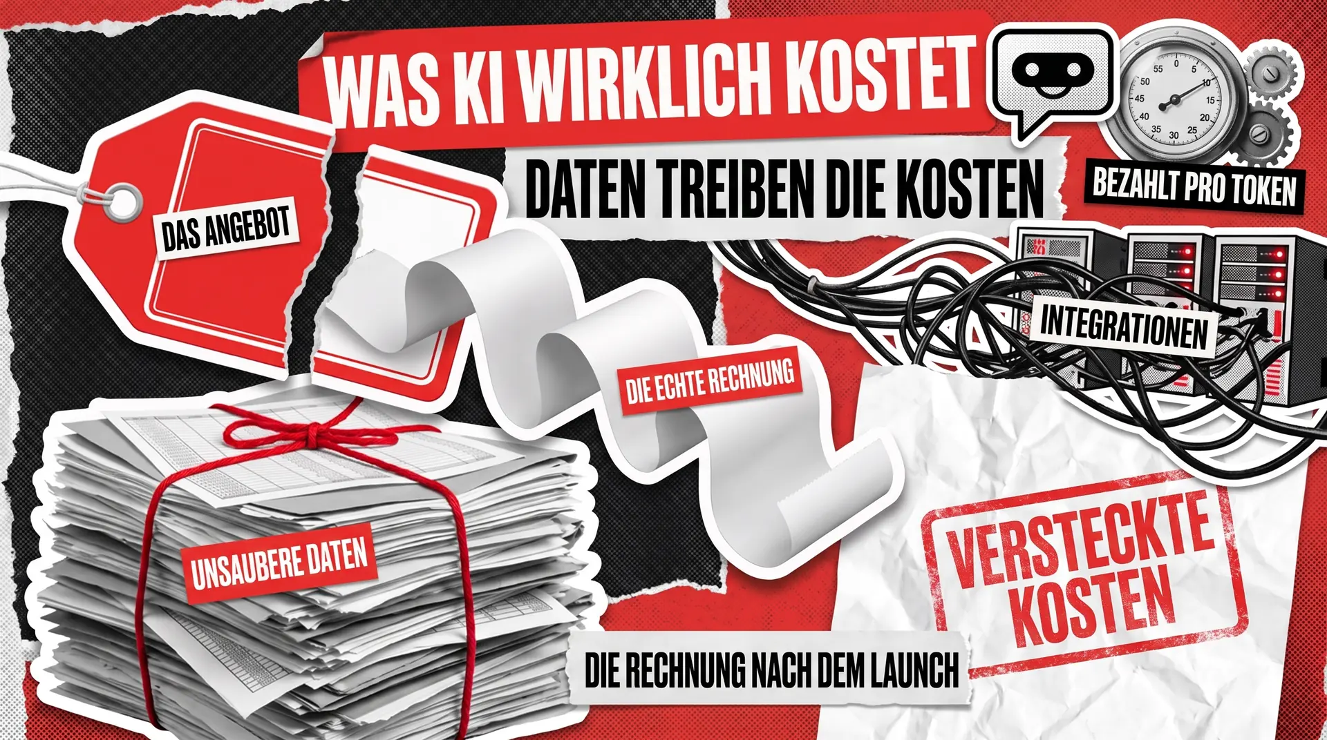 Collage-Titelbild mit einem zerrissenen Preisschild, das sich zu einer langen Rechnung abrollt, umgeben von unsauberen Daten, Integrationen und Abrechnung pro Token
