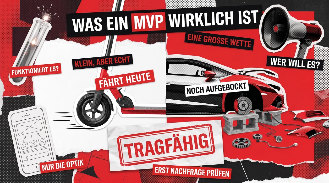 Collage-Titelbild: ein fahrbereiter Tretroller neben einem halbfertigen Auto auf Steinblöcken, unter der Überschrift, was ein MVP wirklich ist