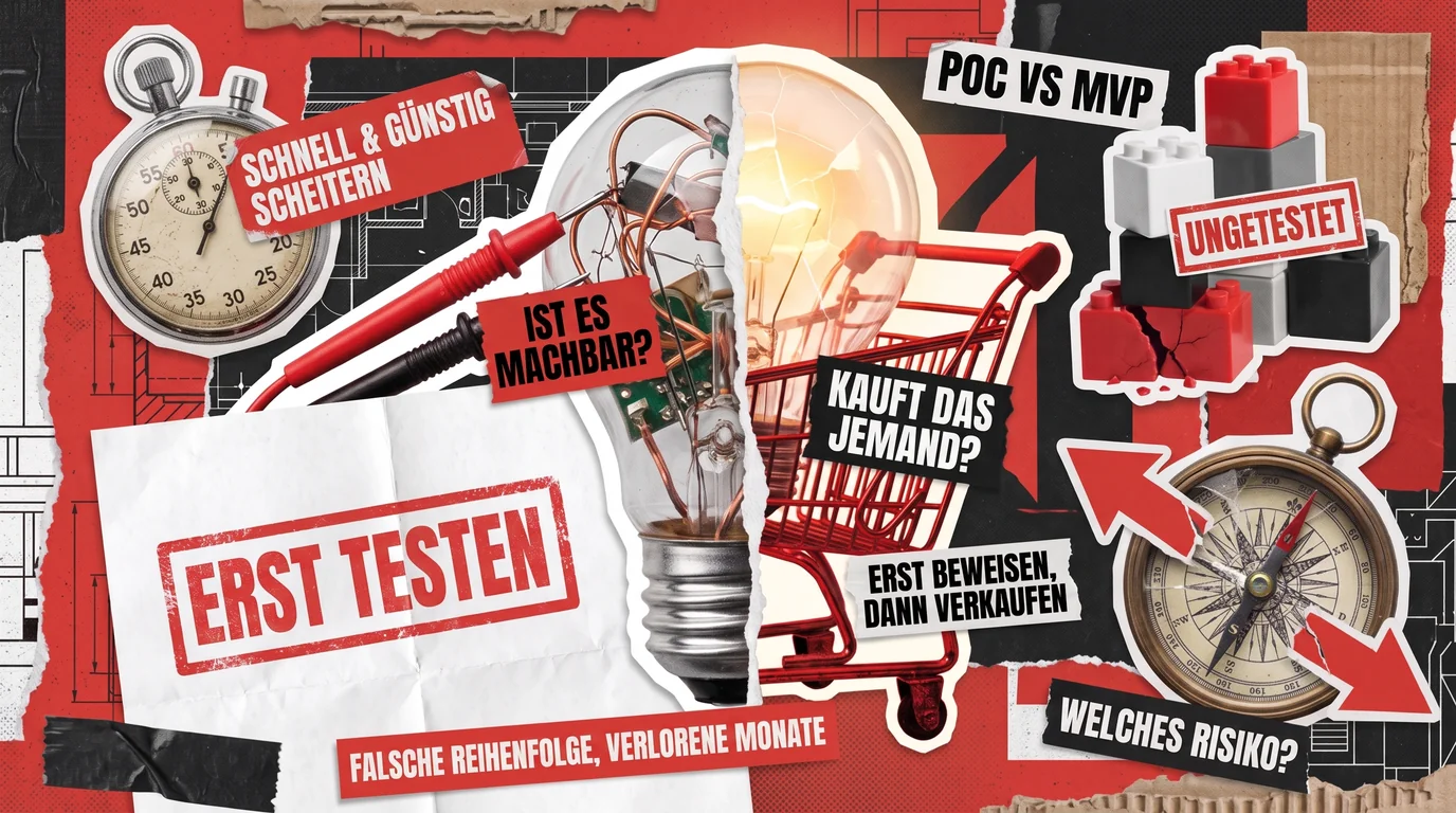 PoC-vs-MVP-Cover: eine Glühbirne, geteilt zwischen Messspitzen und einem Einkaufswagen