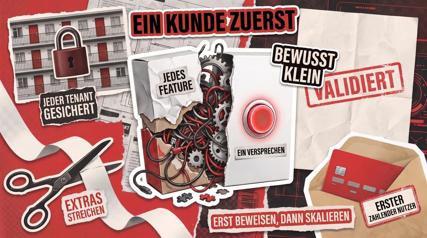 Collage-Titelbild: ein aufgerissener Produktkarton zwischen einem Gewirr aus Features und einem einzigen roten Knopf, mit Etiketten wie Ein Kunde zuerst und Bewusst klein